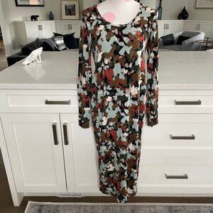 Abstract Floral Scoop Nk Lg Slv Midi (mid calf) Rayon Spandex Dress Multi Sz M